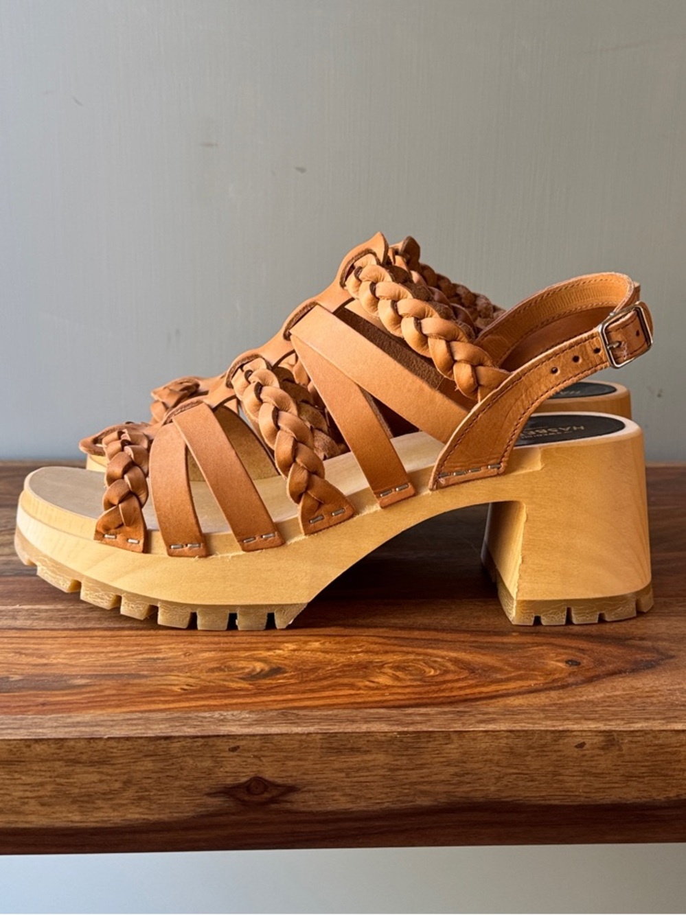New Swedish Hasbeens Braided Tan Leather Wood Platform Sandals